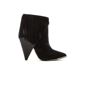 IRO Xabea Black Suede Leather Bootie Ankle Boot Fringe Point Toe Cone He…